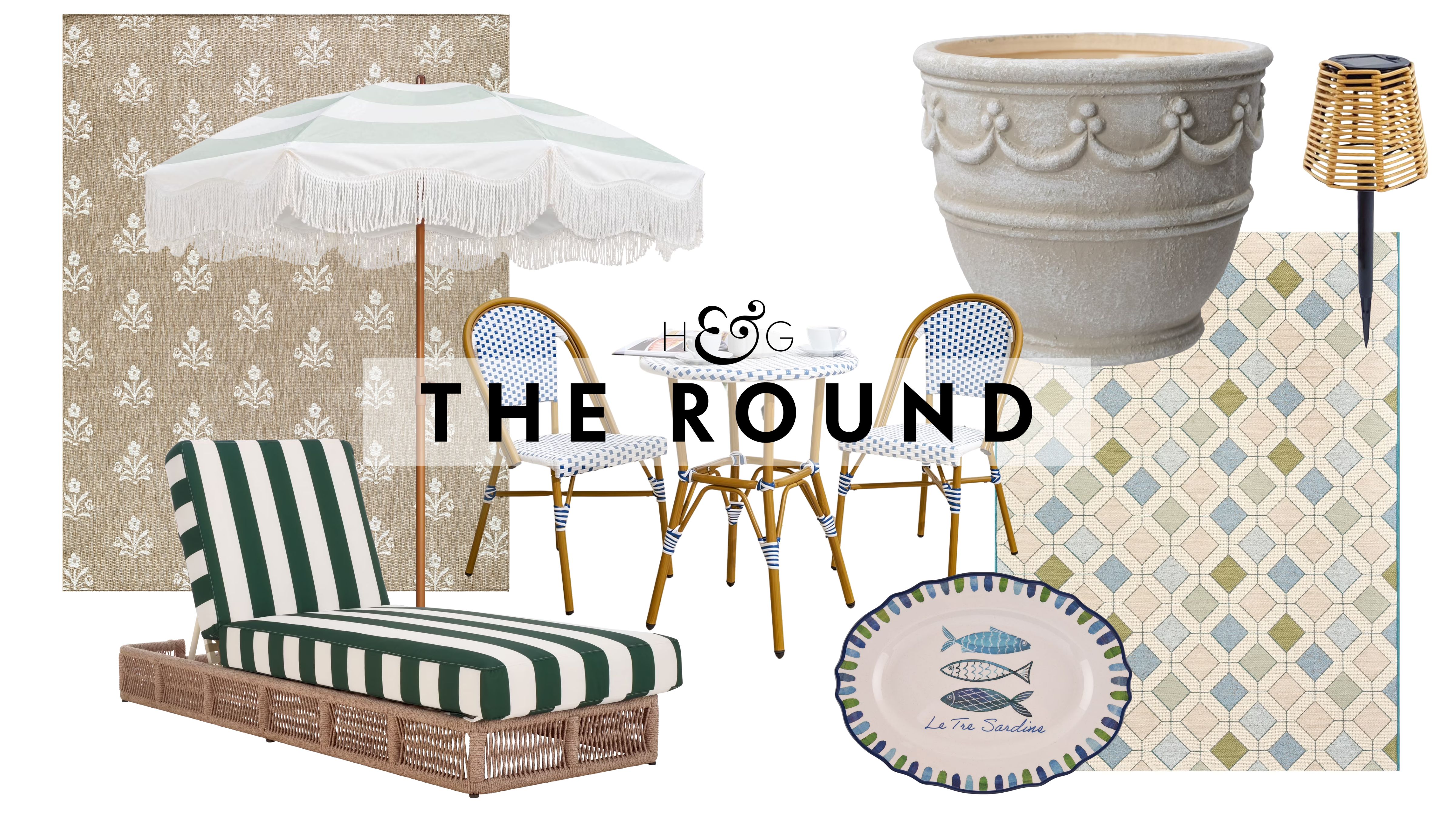 Summer 2026 Walmart outdoor decor, including two patterned patio rugs, a striped chaise lounge, French-style bistro set, fringed patio umbrella, melamine platter, planter, and wicker solar light