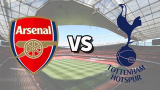 The Arsenal and Tottenham Hotspur club badges on top of a photo of Emirates Stadium in London, England