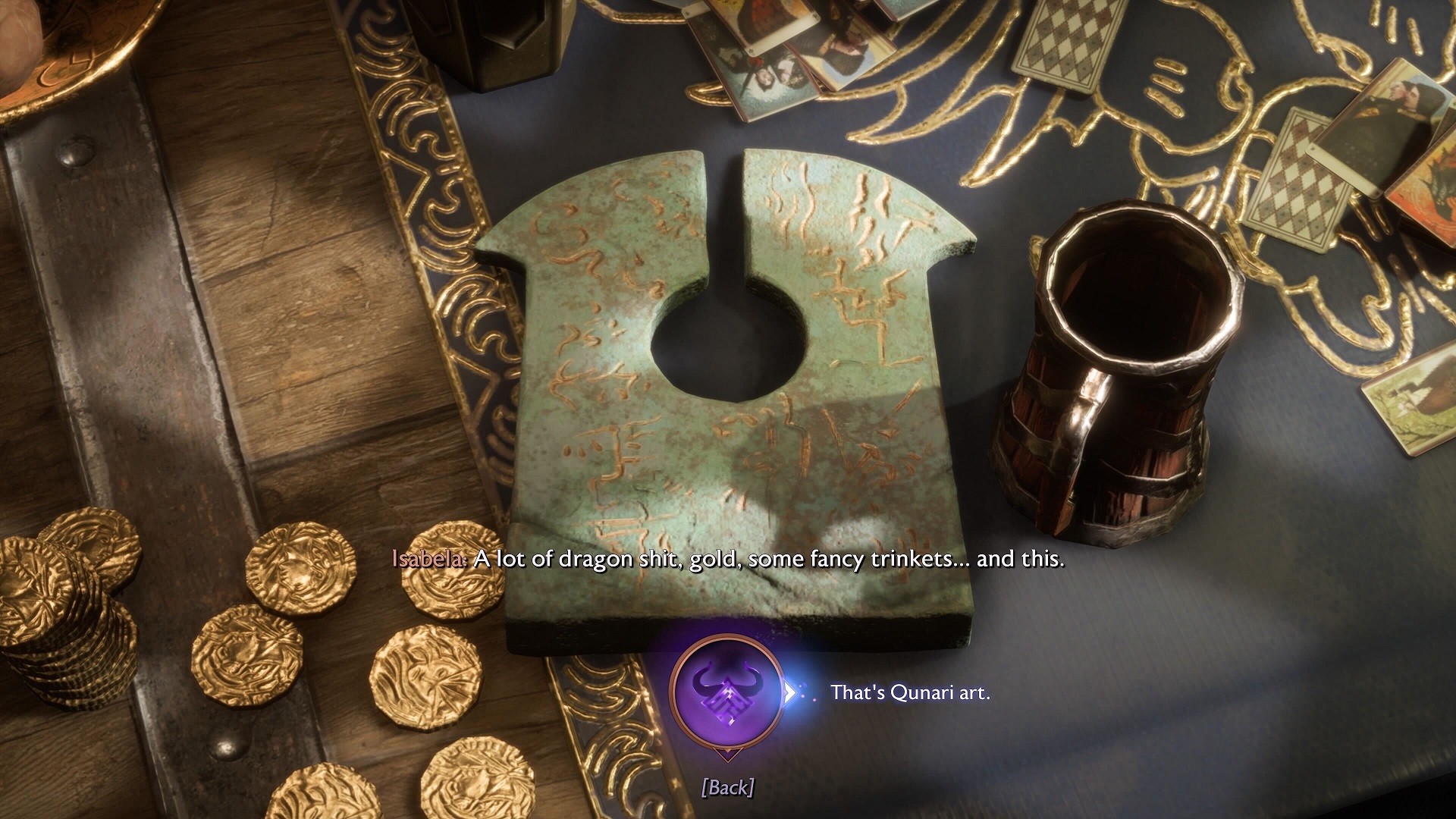 Screenshot of Dragon Age: The Veilguard: the dragon's trinket and the Qunari's response