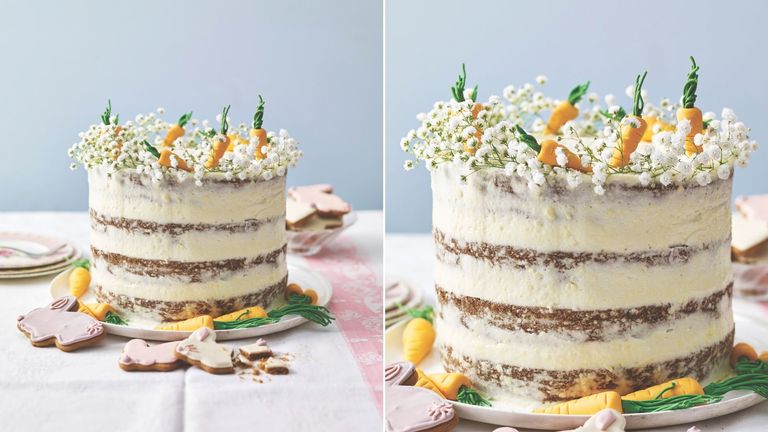 An Easter carrot cake on a pastel blue coloured background
