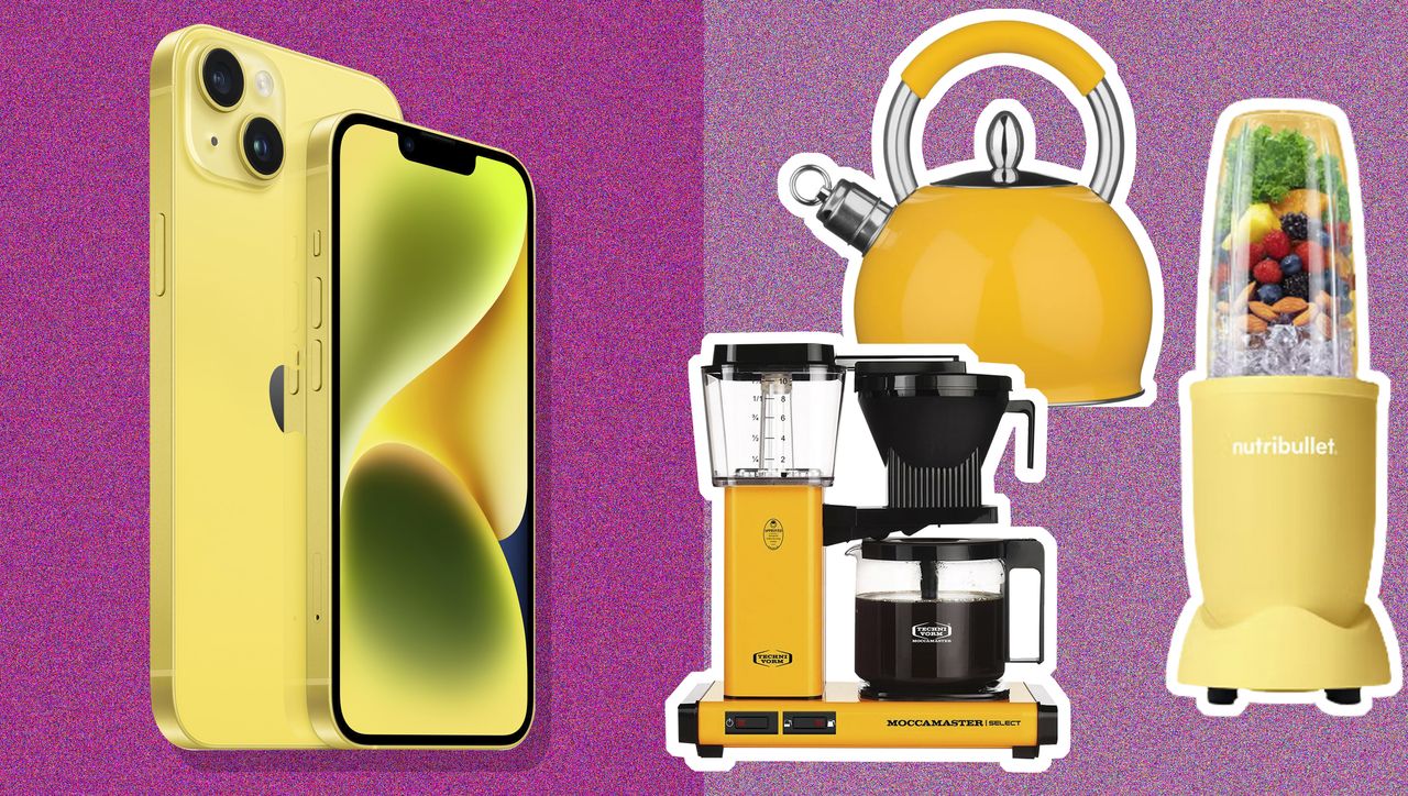 Apple iphone 14 in yellow with assortment of small kitchen appliances (coffee maker, kettle and blender)