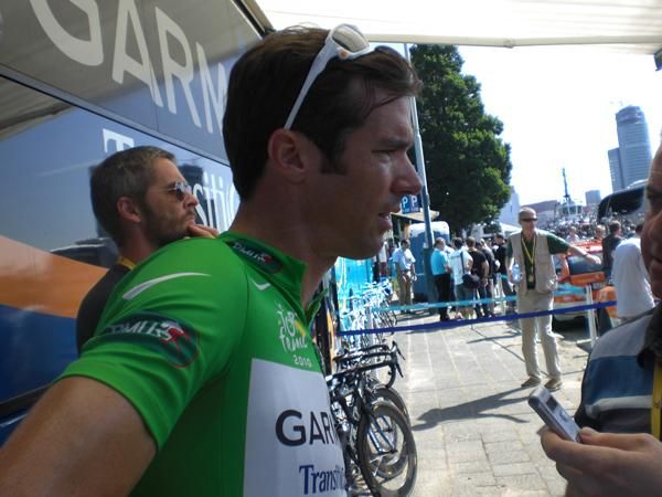 David Millar (Garmin-Transitions) in green having finished third in the prologue