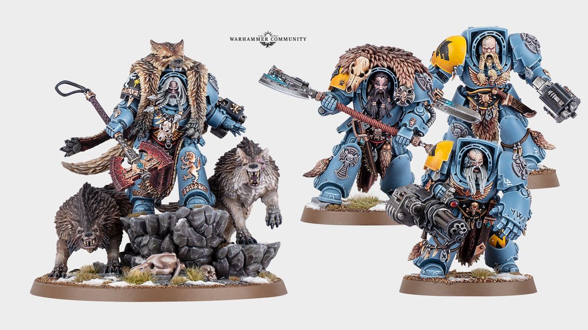 Logan Grimnar model alongside three Wolf Guard Terminators, all on a plain background