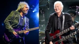 LEFT: Steve Lukather from TOTO performs on stage at Oslo Spektrum on February 25, 2025 in Oslo, Norway. RIGHT:Jimmy Page performs onstage at the 38th Annual Rock & Roll Hall Of Fame Induction Ceremony at Barclays Center on November 03, 2023 in New York City. 