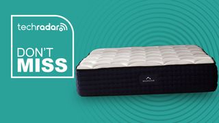 DreamCloud Luxury Hybrid mattress against a cyan background with a badge saying, "DON'T MISS"