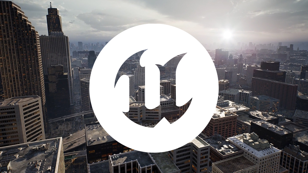 Unreal Engine logo with a 3D city in the background