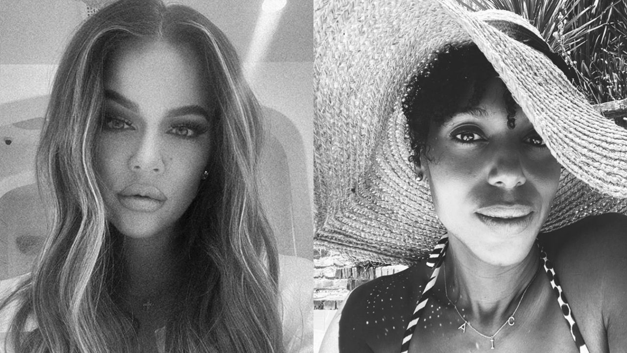 Khloe Kardashian and Kerry Washington black and white selfies.