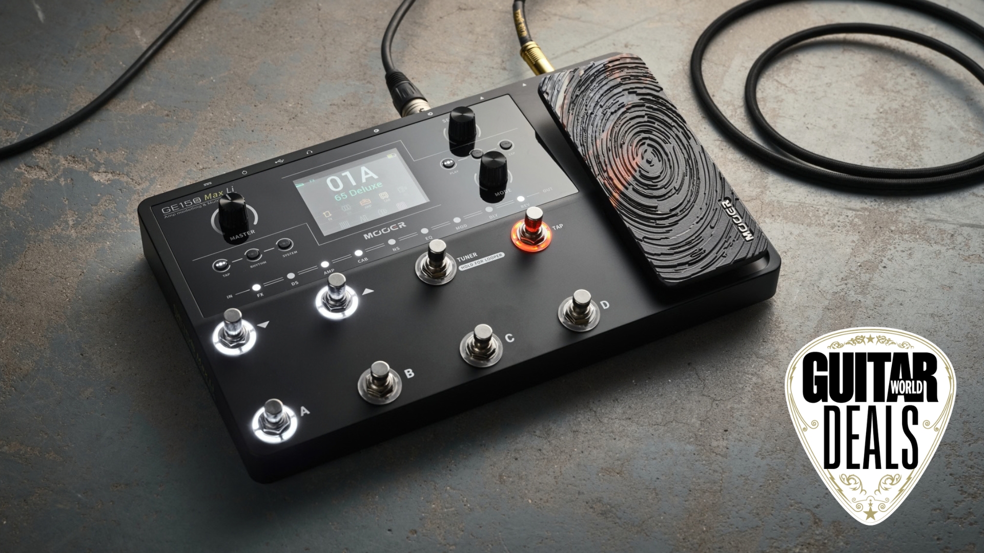 A Mooer GE150 Max Li multi effects pedal on a concrete floor