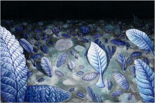 An artist's illustration shows a thriving rangeomorph colony on the bottom of the ancient sea.