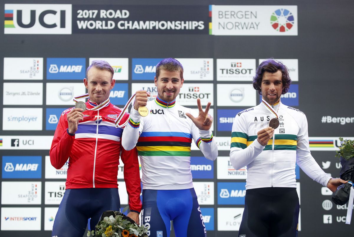 Alexander Kristoff, Peter Sagan and Michael Matthews on the podium in Bergen