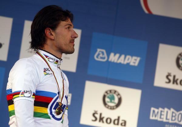 Fabian Cancellara on the podium after the time trial
