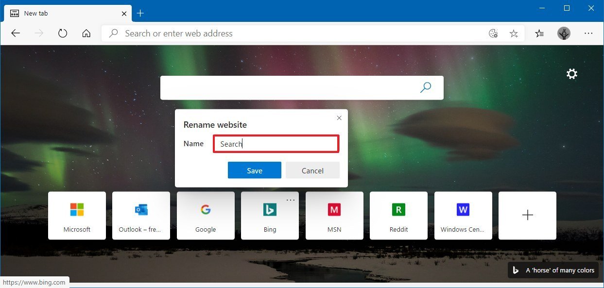Microsoft Edge rename quick link new tab page