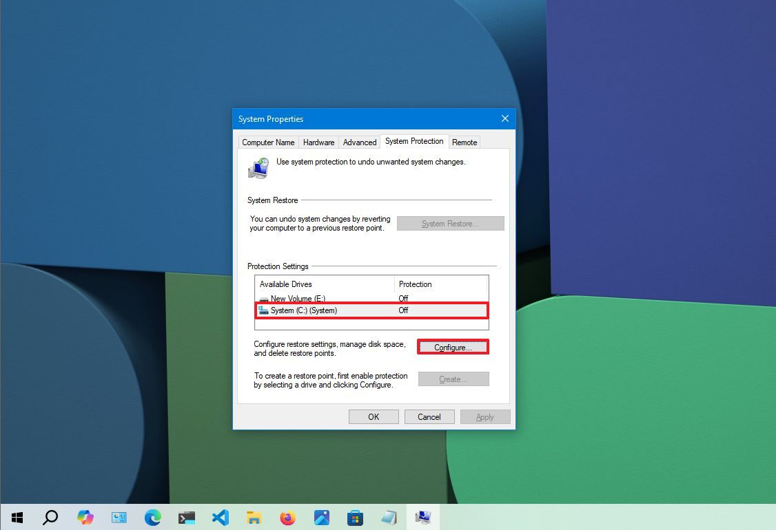 System Properties Protection Settings