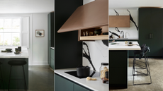 three images collaged of modern kitchen with black and white marble