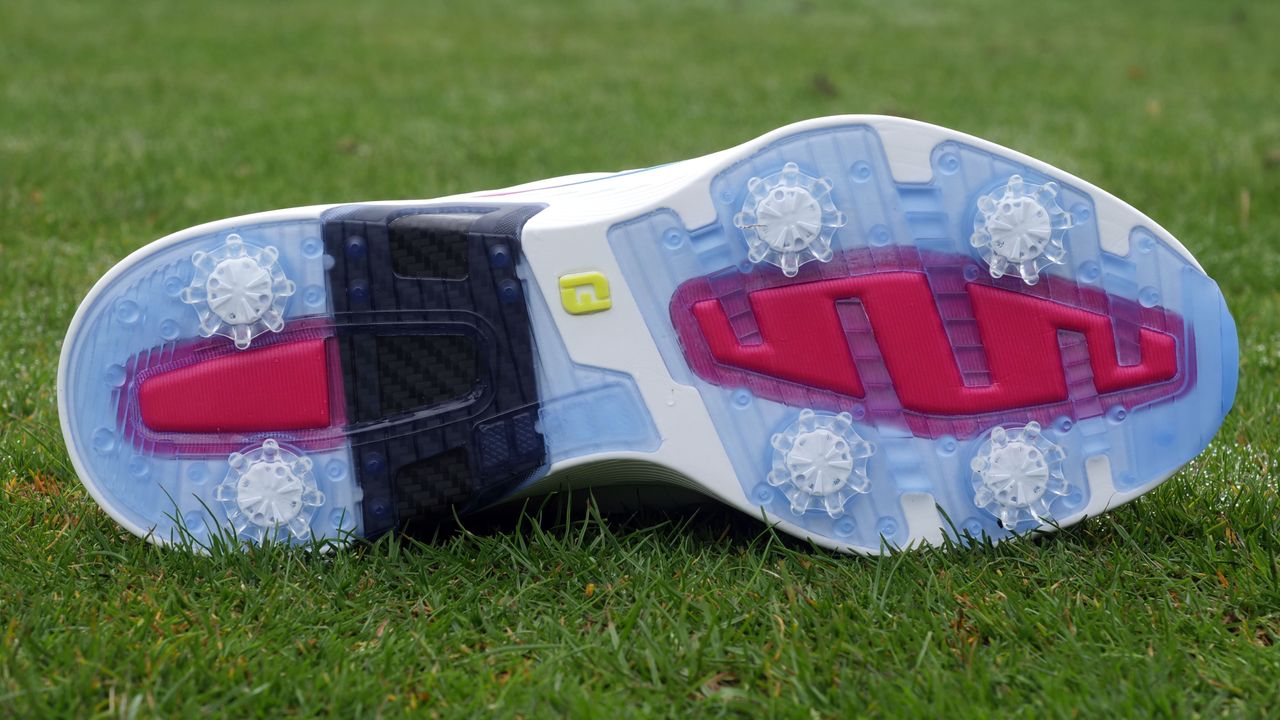 The outsole of the FootJoy Hyperflex Carbon golf shoes in white