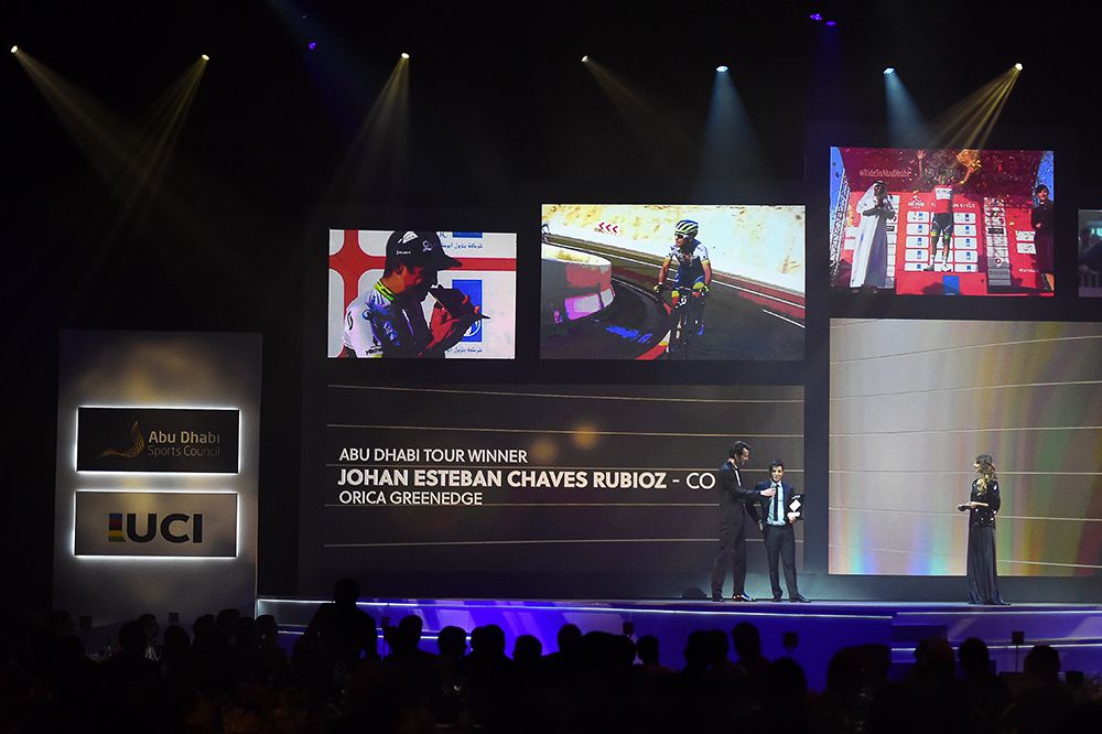 Esteban Chaves collects his prize for his overall win at the Abu Dhabi Tour