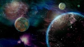 four greenish planets in outer space