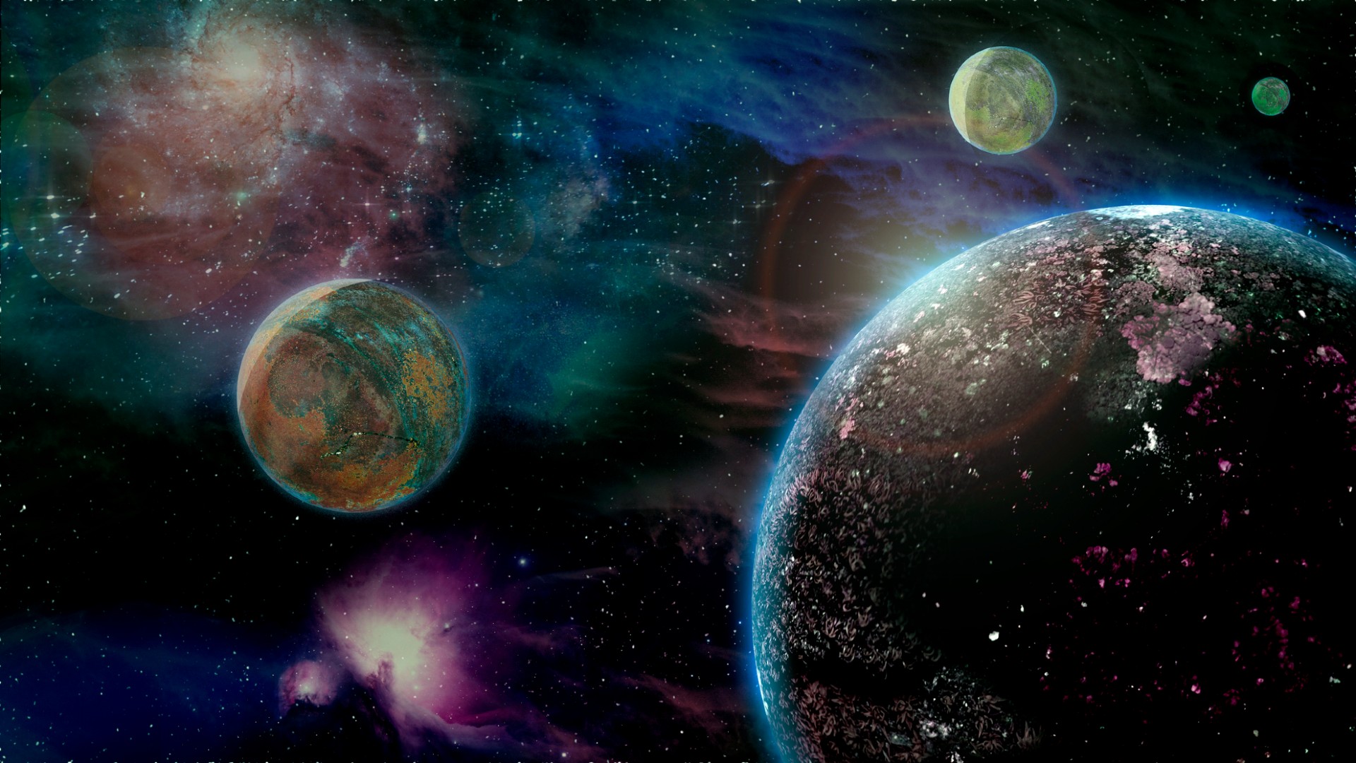 cuatro planetas verdosos en el espacio exterior
