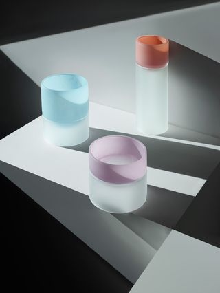 Three shaped glass in blue, orange and lilac