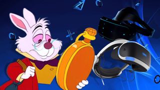 Alice in Wonderland character checking clock with PSVR 2 headsets in the background