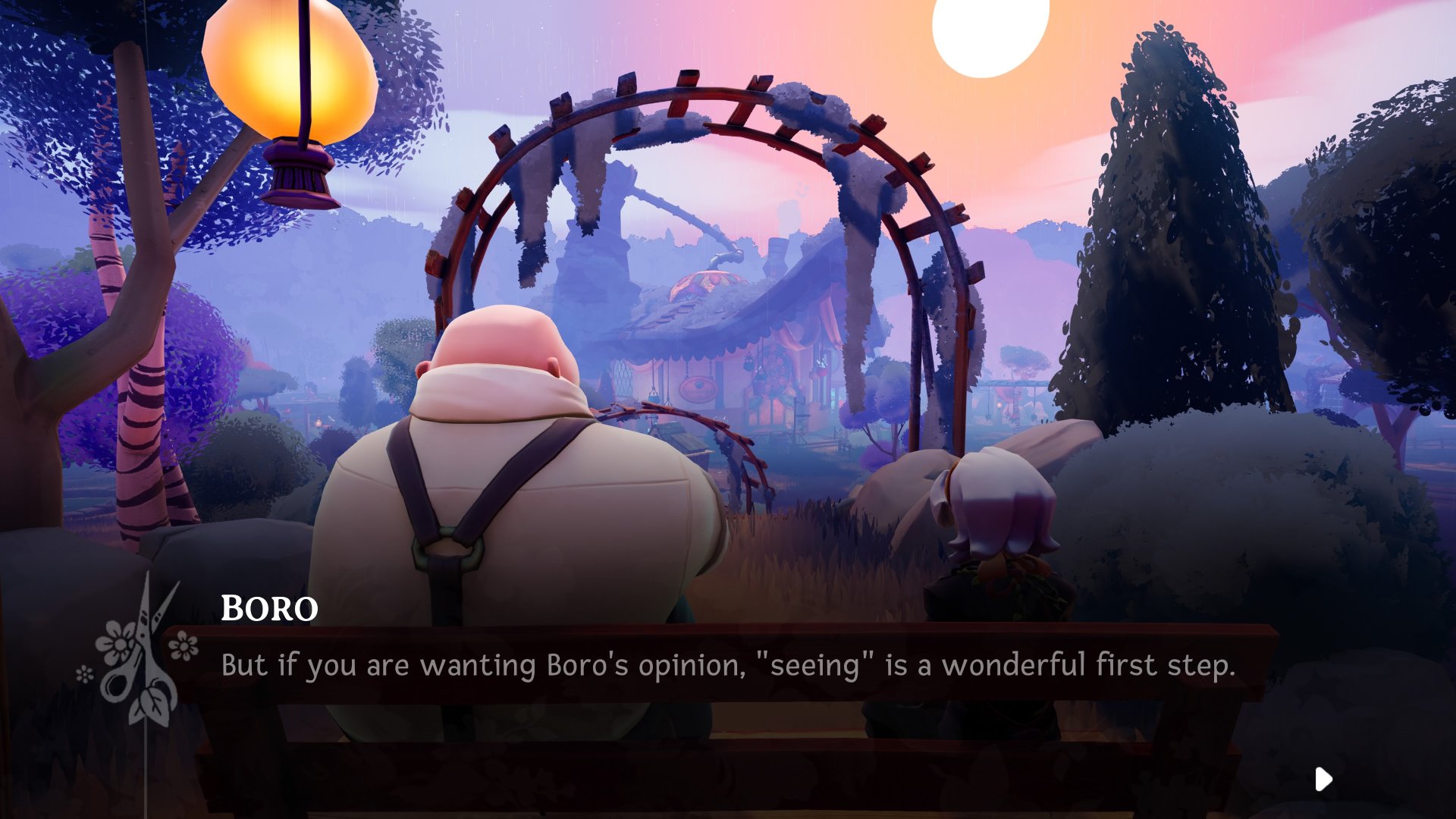 Wanderstop screenshot of Boro and Alta sitting on a bench, looking out over the forest clearing, as Boro says, 