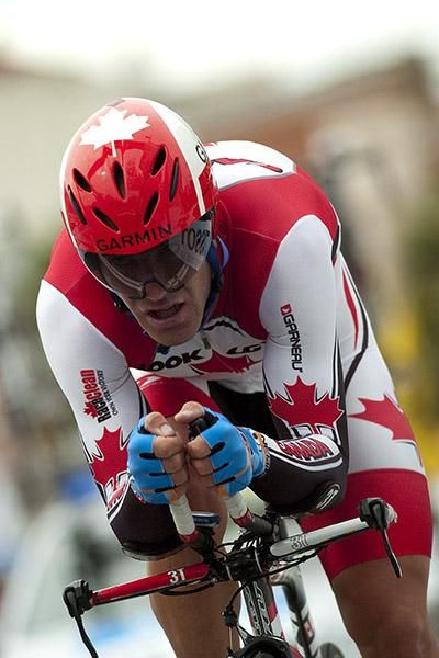 Canadian Svein Tuft crosses the line in 26th place for the World Championship time trial in Geelong.