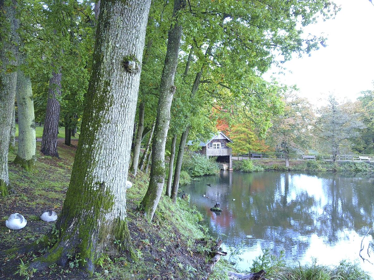 Boathouse and calm lake, taken with the Camp Snap camera