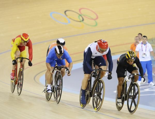Chris Hoy (Great Britain) on his way to winning his keirin second round heat.