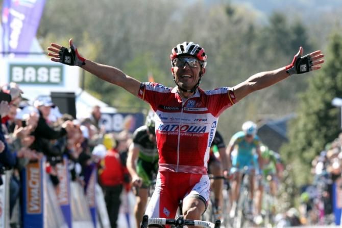 Spain's Joaquim Rodriguez of Team Katusha celebrates after winning the Fleche Wallonne