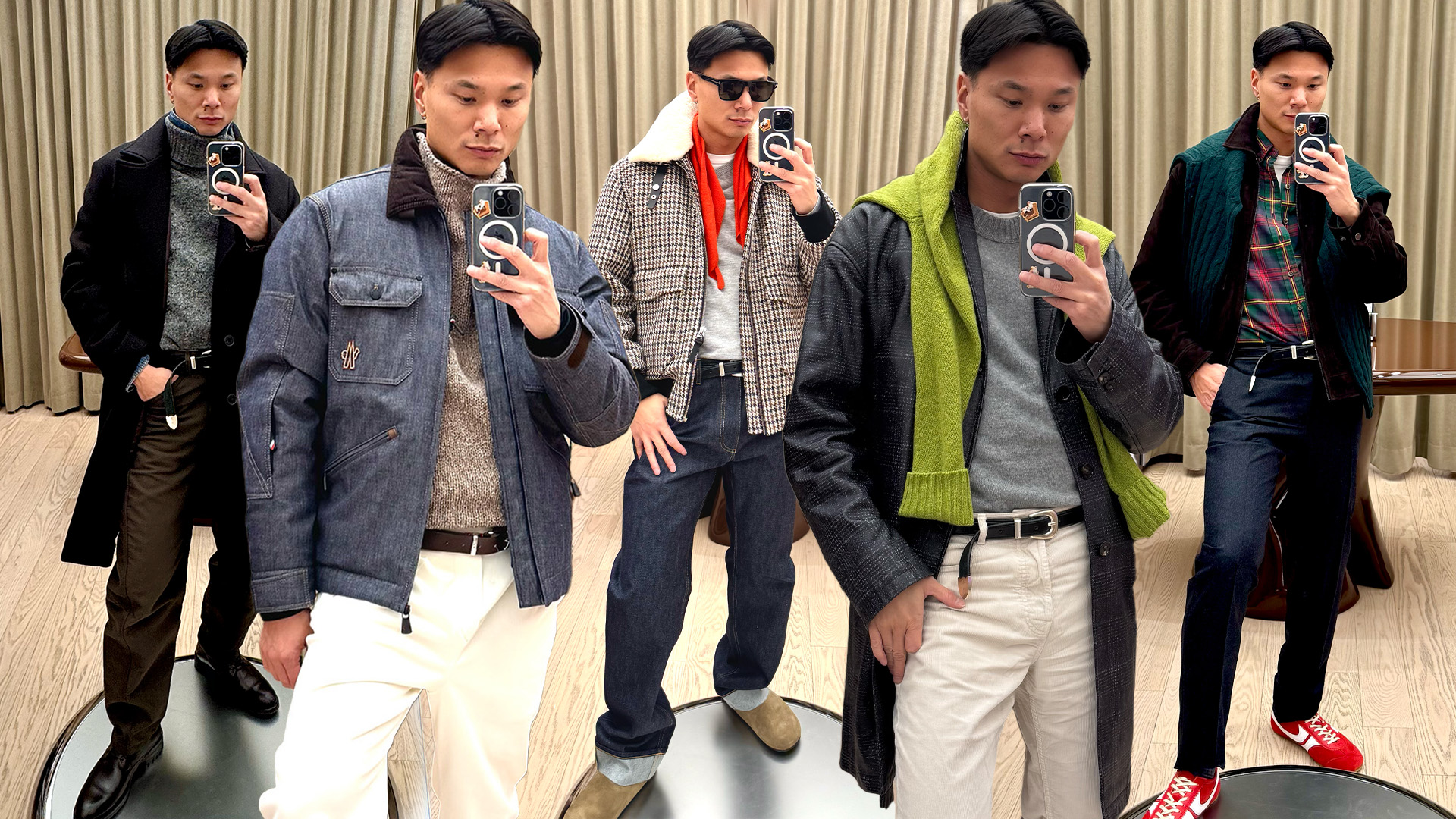 Collage of Who What Wear editor in residence Joseph Tang wearing winter coat trends.