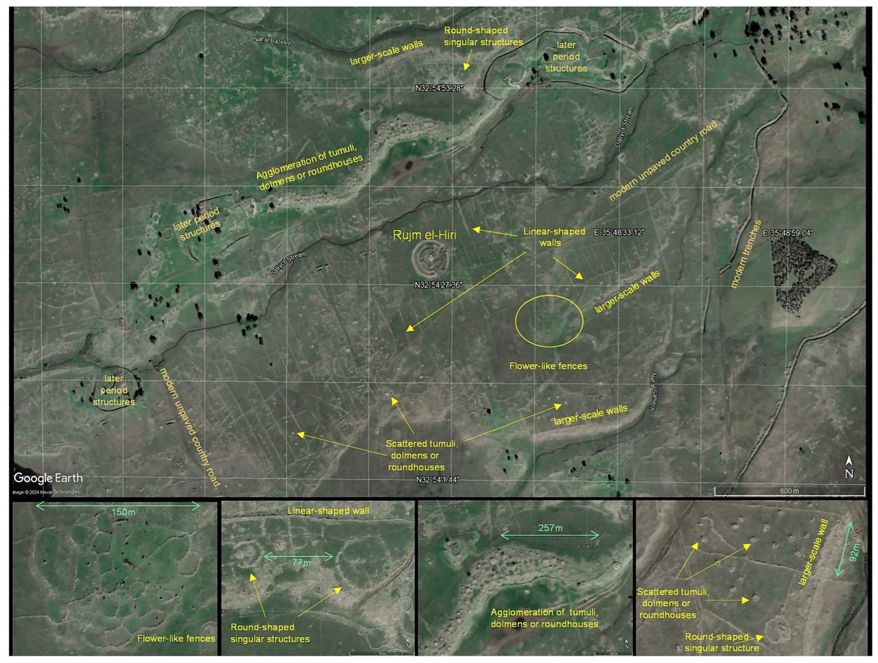 A satellite image map of the area surrounding Rujm el-Hiri