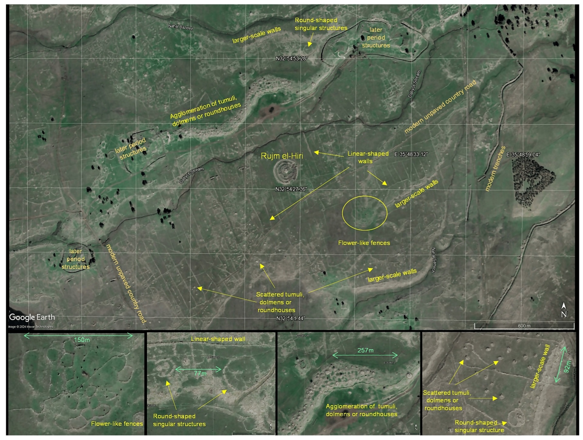 A satellite image map of the area surrounding Rujm el-Hiri