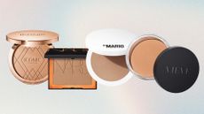Collage of four of the best bronzers for pale skin featured in this guide from (left to right) ICONIC London, NARS, Makeup by Mario and VIEVE, set against a pastel ombre-effect background