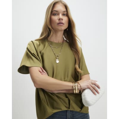 Khaki Tuck Hem Satin T-Shirt