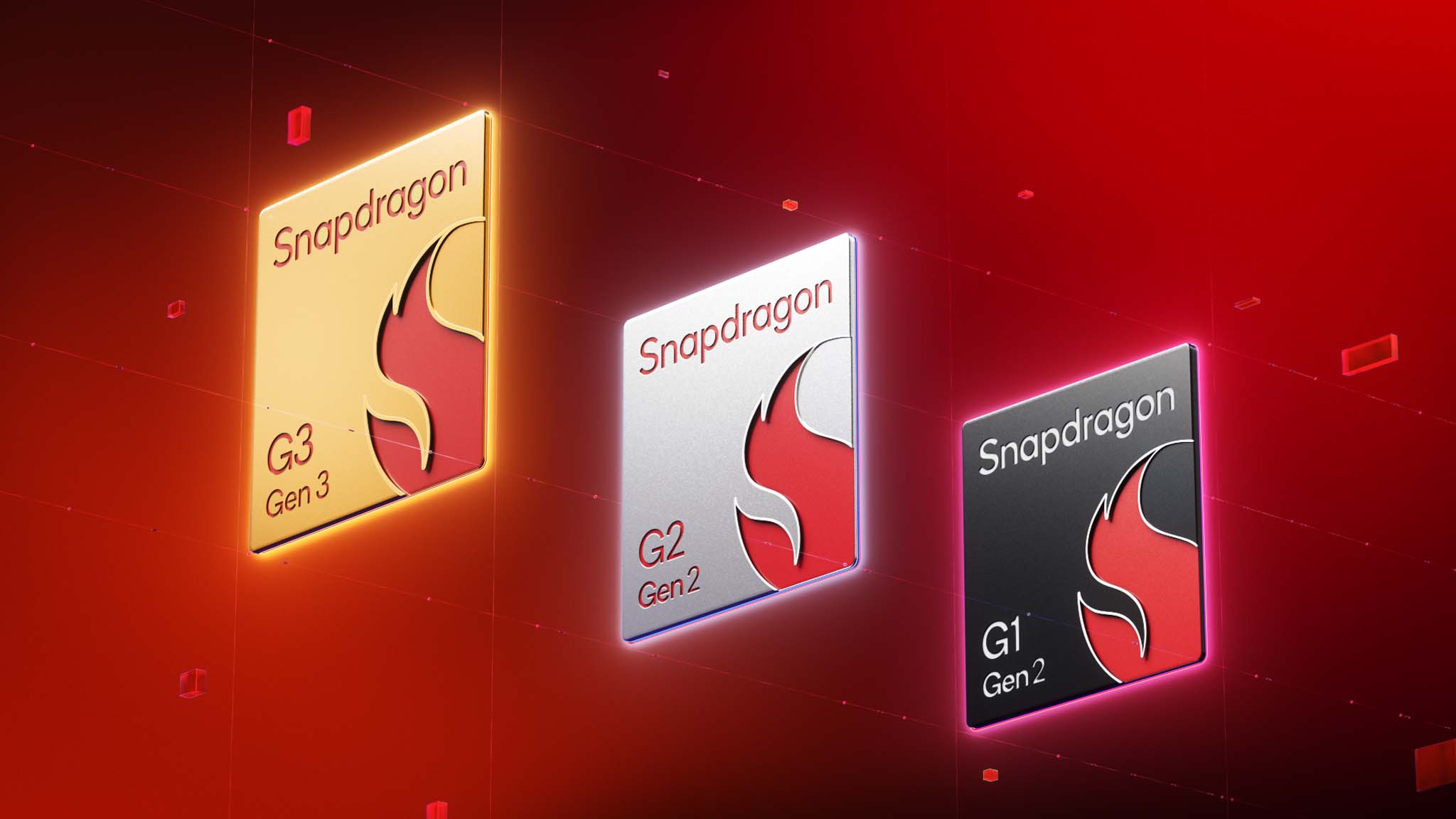 Snapdragon G3 Gen 3, G2 Gen 2, and G1 Gen 2 chips on a red background.