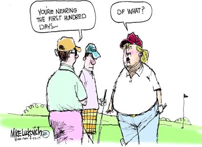 Political Cartoon U.S. Trump First 100 days President Golf Mar a Lago
