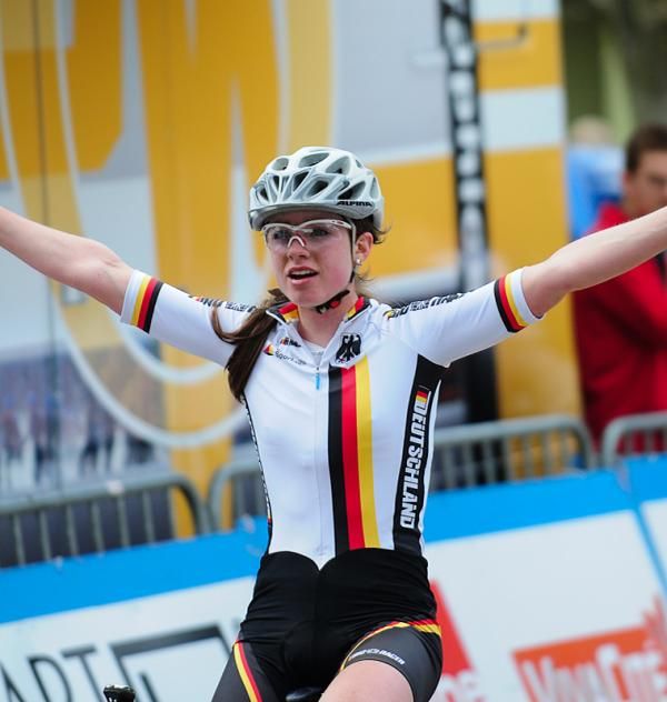 Johanna Techt (Germany) gives the crowd a victory salute.