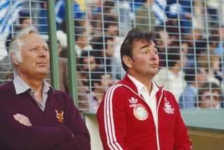 Nottingham Forest manager Brian Clough and assistant manager Peter Taylor look on ahead of the 1980 European Cup final against Hamburg in Madrid