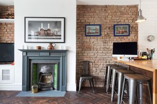 a fireplace with brick alcoves