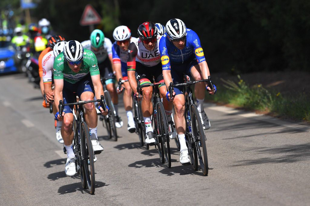 ALTO DO MALHO LOUL PORTUGAL MAY 09 Sam Bennett of Ireland Green Points Jersey Michael Morkov of Denmark and Team Deceuninck QuickStep during the 47th Volta Ao Algarve 2021 Stage 5 a 1701km stage from Albufeira to Alto do Malho 510m Loul VoltAlgarve VAlgarve2021 on May 09 2021 in Alto do Malho Loul Portugal Photo by Luc ClaessenGetty Images