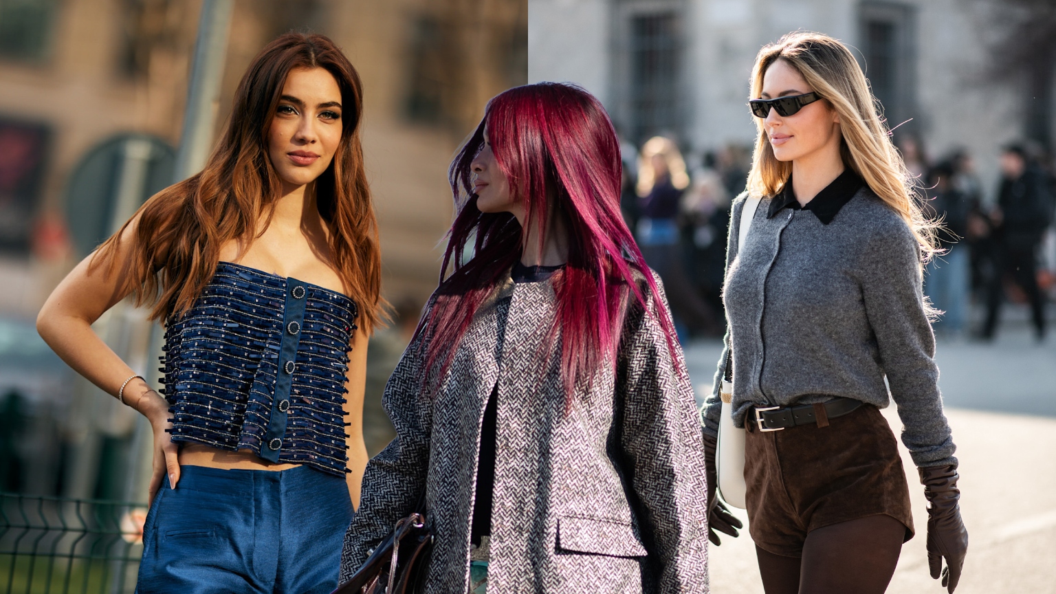 three women in fashionable outfits on the streets of milan with shiny hair