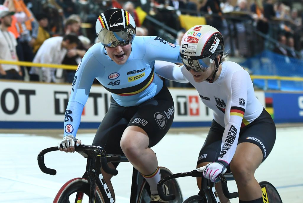 Women's keirin winner Nicky Degrendele (Belgium) is congratulated by Kristina Vogel (Germany)