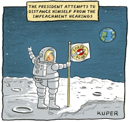 Political Cartoon U.S. Trump Distances Space Force Impeachment Hearings