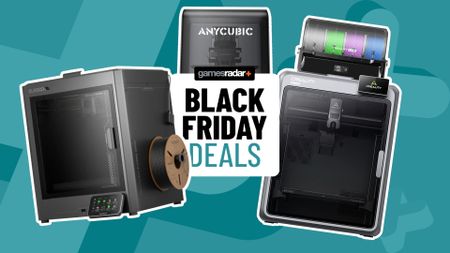 Elegoo, Anycubic, and Creality printers on either side of a GamesRadar+ Black Friday deals badge, all against a blue background
