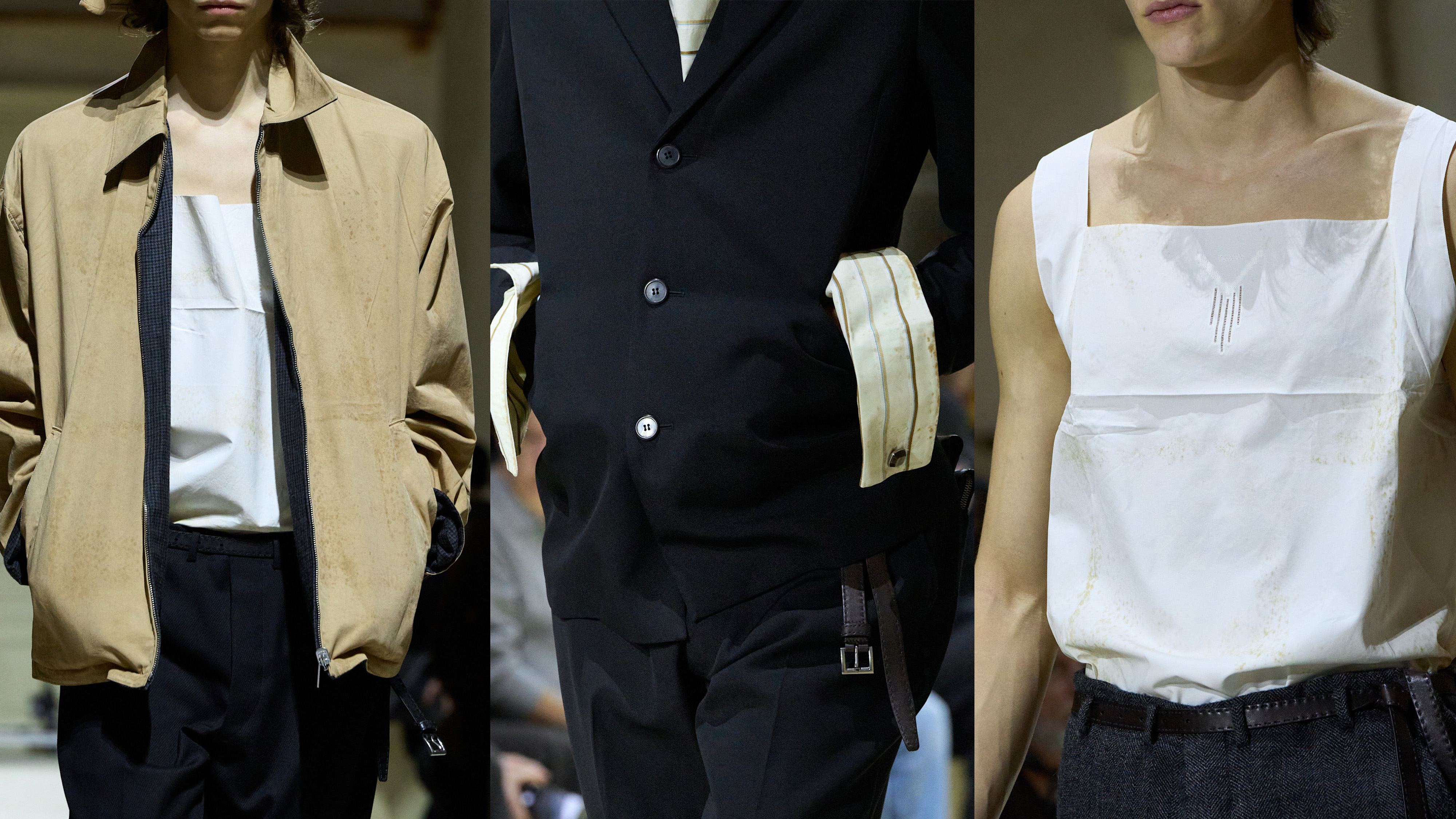 three images of the stained clothing from prada fall 2026 collection.