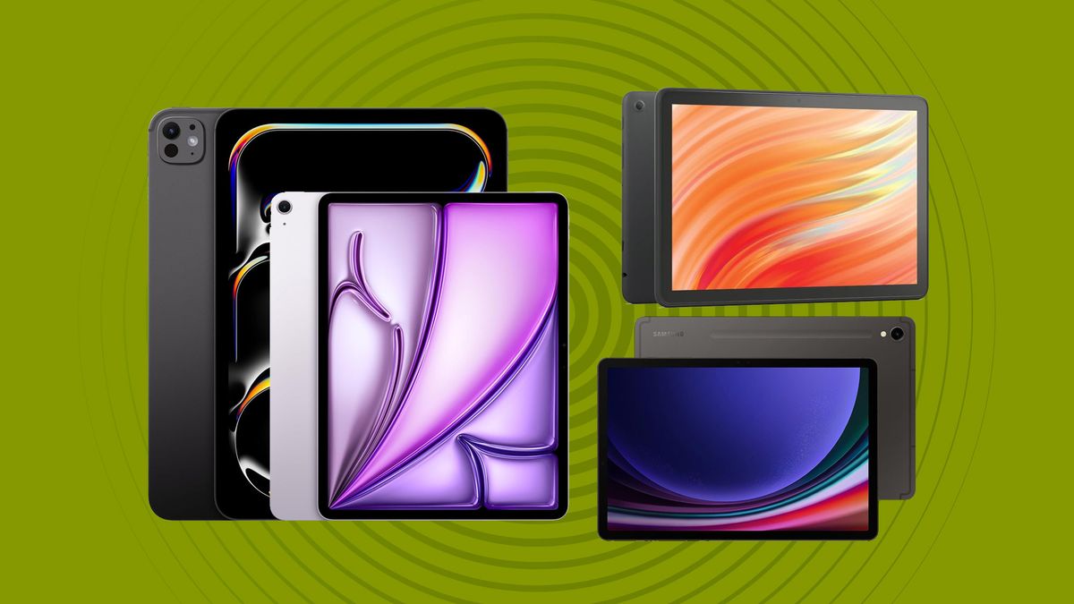 Collage of Apple iPad Pro, iPad Air, Galaxy Tab S9 and Fire Tablet 10 on a green background