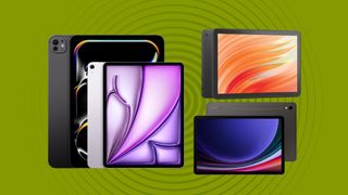 Collage of Apple iPad Pro, iPad Air, Galaxy Tab S9 and Fire Tablet 10 on a green background