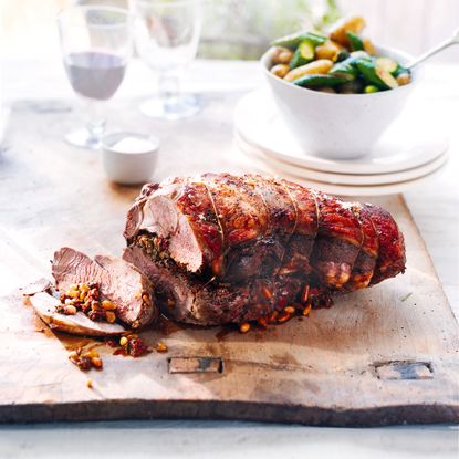 Roast Lamb Stuffed with Peppers and Pine Nuts