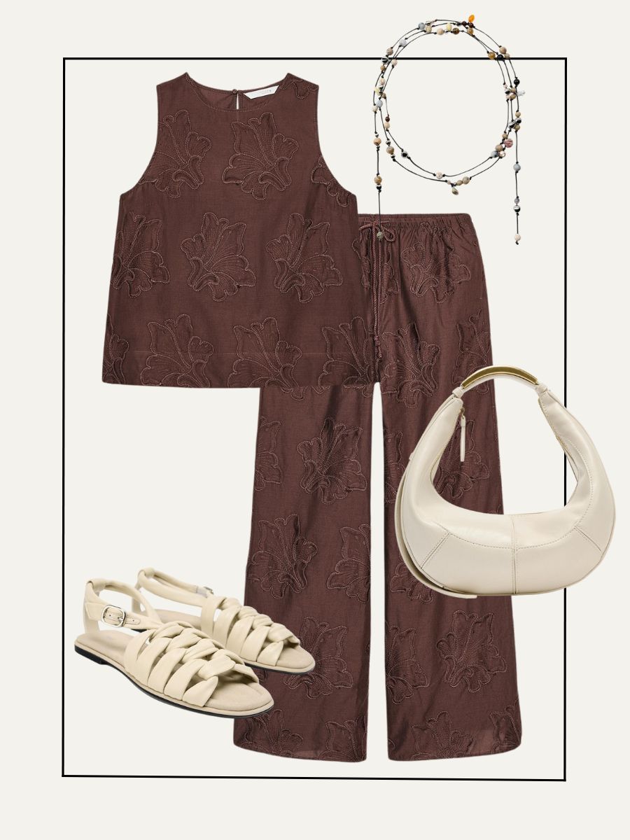 Collage of brown top, brown trousers, cream bag, cream sandals and bead necklace