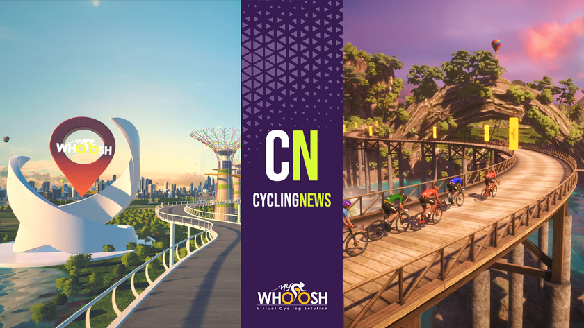 Two in-game landscape images from MyWhoosh joined by a purple Cyclingnews banner